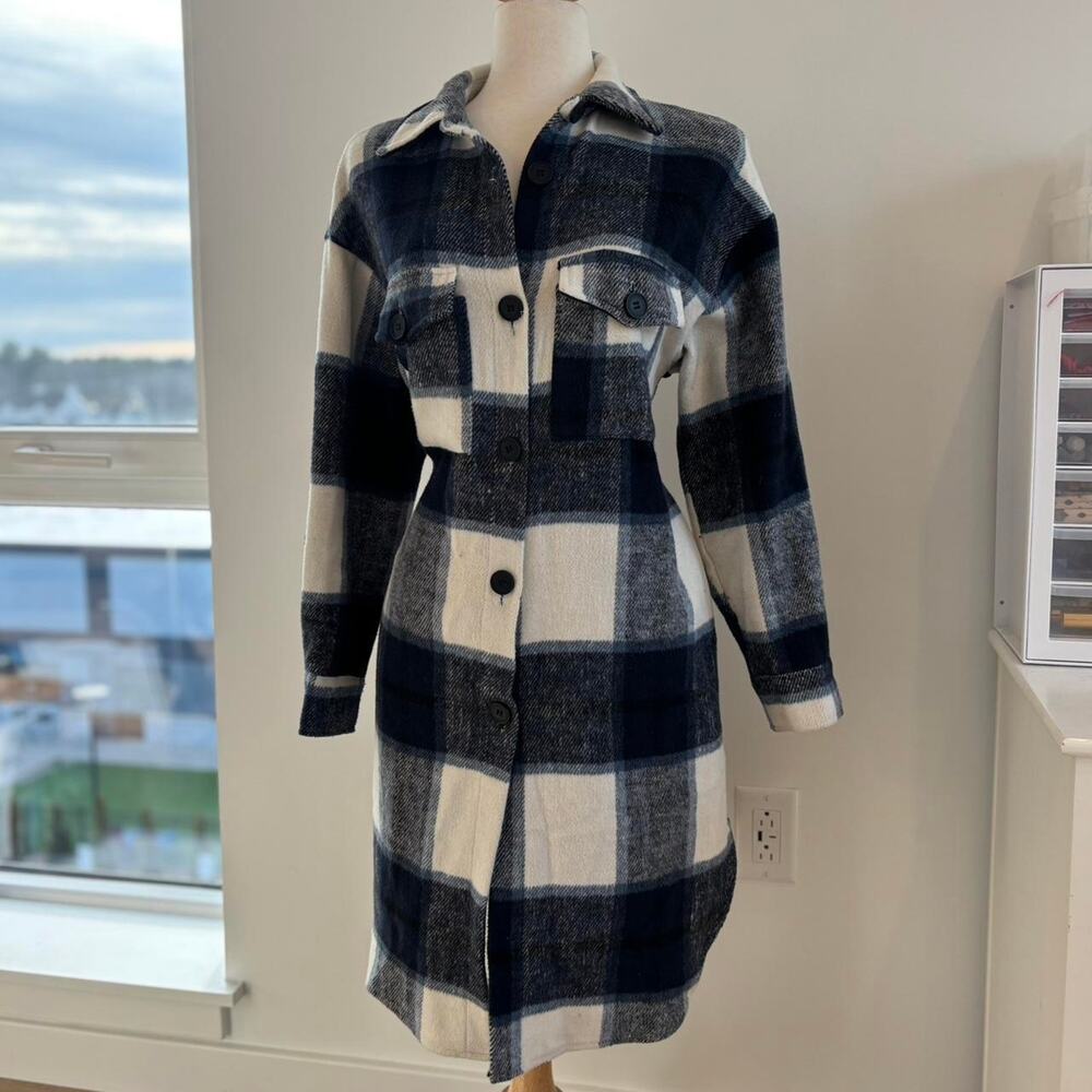 Women's Blue Plaid Autumn Themed  Single-breasted Comfy Jacket with Pockets Sz S